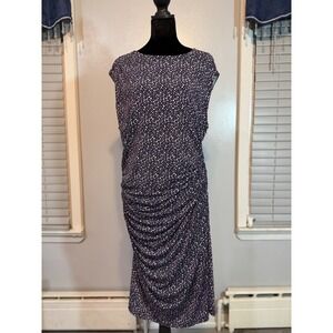 Ann Taylor LOFT Ruched Midi Dress Navy Abstract Print Sleeveless Size 16